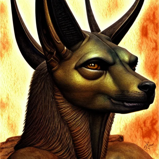 Prompt: portrait, stunningly handsome god Anubis, super fine digital watercolour and pastels, extremely high detail, digital pen and digital ink, intricate illustration, by Dorian Cleavanger, Jim Burns, Frank Frazetta, Wendy Froud, artstation, WLOP, deviantart, Pixiv