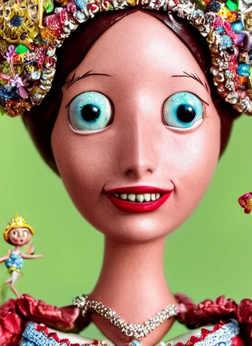 Image similar to closeup face profile portrait of a tin toy shelley duvall as a fairytale princess wearing a crown eating cakes, bikini, depth of field, zeiss lens, detailed, symmetrical, centered, fashion photoshoot, by nicoletta ceccoli, mark ryden, lostfish, breathtaking, 8 k resolution, extremely detailed, beautiful, establishing shot, artistic, hyperrealistic, octane render