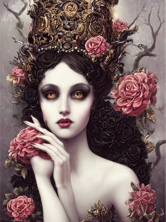 Prompt: a dark fairy lady who has rococo dramatic headdress with baroque intricate fractals of roses,dressed dembellished pearls tassels made of crystal,by tom bagshaw,Cedric Peyravernay,aaron horkey,Nekro,trending on pinterest,hyperreal,jewelry,gold,maximalist