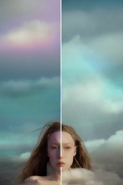 Image similar to high quality pastel coloured film close up wide angle photograph of a model wearing clothing swimming on cloud furniture in a icelandic black rock!! environment in a partially haze filled dreamstate world. three point light, rainbow. photographic production. art directed. pastel colours. volumetric clouds. pastel gradient overlay. waves glitch artefacts. extreme facial clarity. 8 k. filmic.