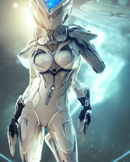 Image similar to photo of a beautiful girl on a mothership, android, warframe armor, pretty face, scifi, futuristic, galaxy, raytracing, dreamy, perfect, aura of light, pure, white hair, blue cyborg eyes, glow, insanely detailed, artstation, innocent look, art by gauthier leblanc, kazuya takahashi, huifeng huang