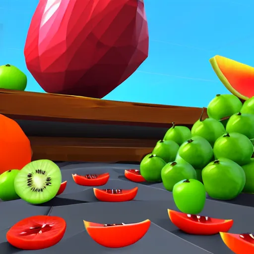 Image similar to vr game, first person, axe equipped, variety of fruits on the background, low poly