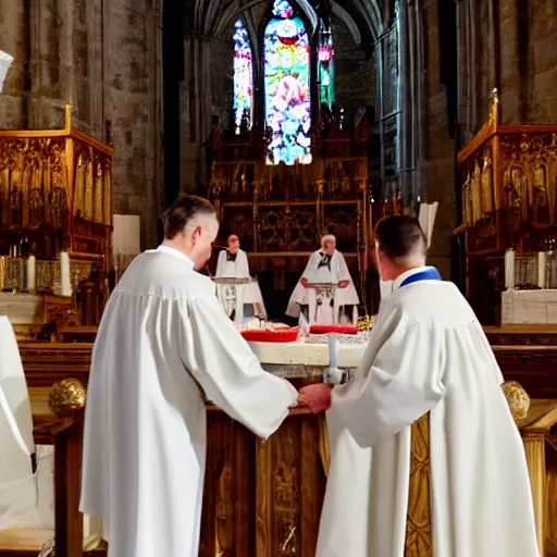 Image similar to ceremony of a soft ice ice cream on an altar during a latin rite catholic church service in a medieval cathedral