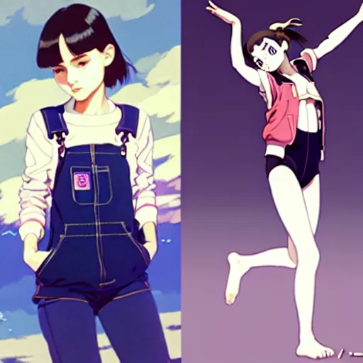 Image similar to a beautiful! boyish! natalie portman alluring gravure! model, wearing oversized mayan bomber jacket and leotard with overalls, bulky poofy bomber jacket with mayan patterns, gapmoe yandere grimdark, trending on pixiv fanbox, painted by greg rutkowski makoto shinkai takashi takeuchi studio ghibli, akihiko yoshida