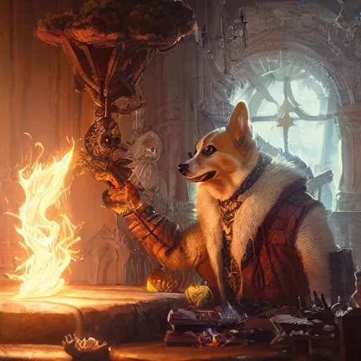 Prompt: a corgi thaumaturgist in a workshop full of arcane trinkets, d & d character art, intricate, magical, glowing, extremely detailed, hyperrealistic, beautiful digital illustration, greg rutkowski, trending on artstation