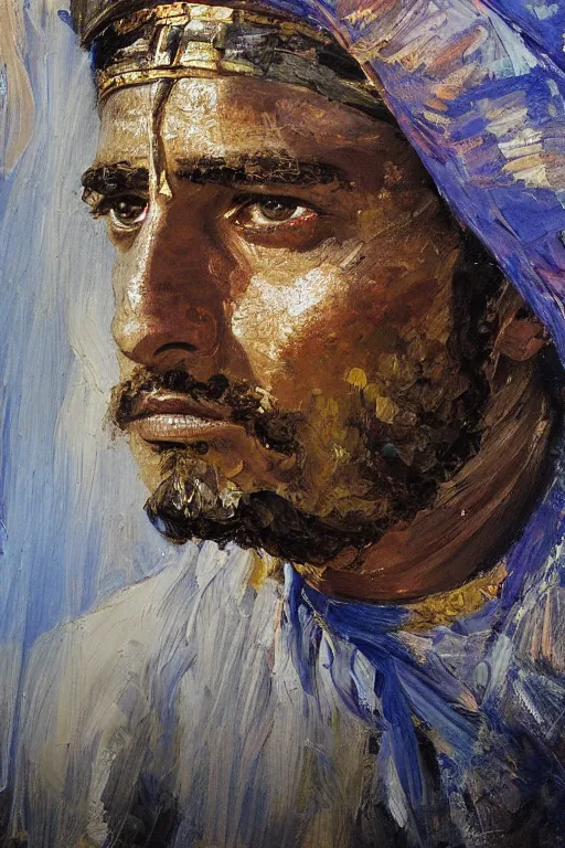 Image similar to highly detailed palette knife oil painting of a historically accurate depiction of the ancient biblical egytian prince Joseph, thoughtful, by Peter Lindbergh, impressionistic brush strokes, painterly brushwork