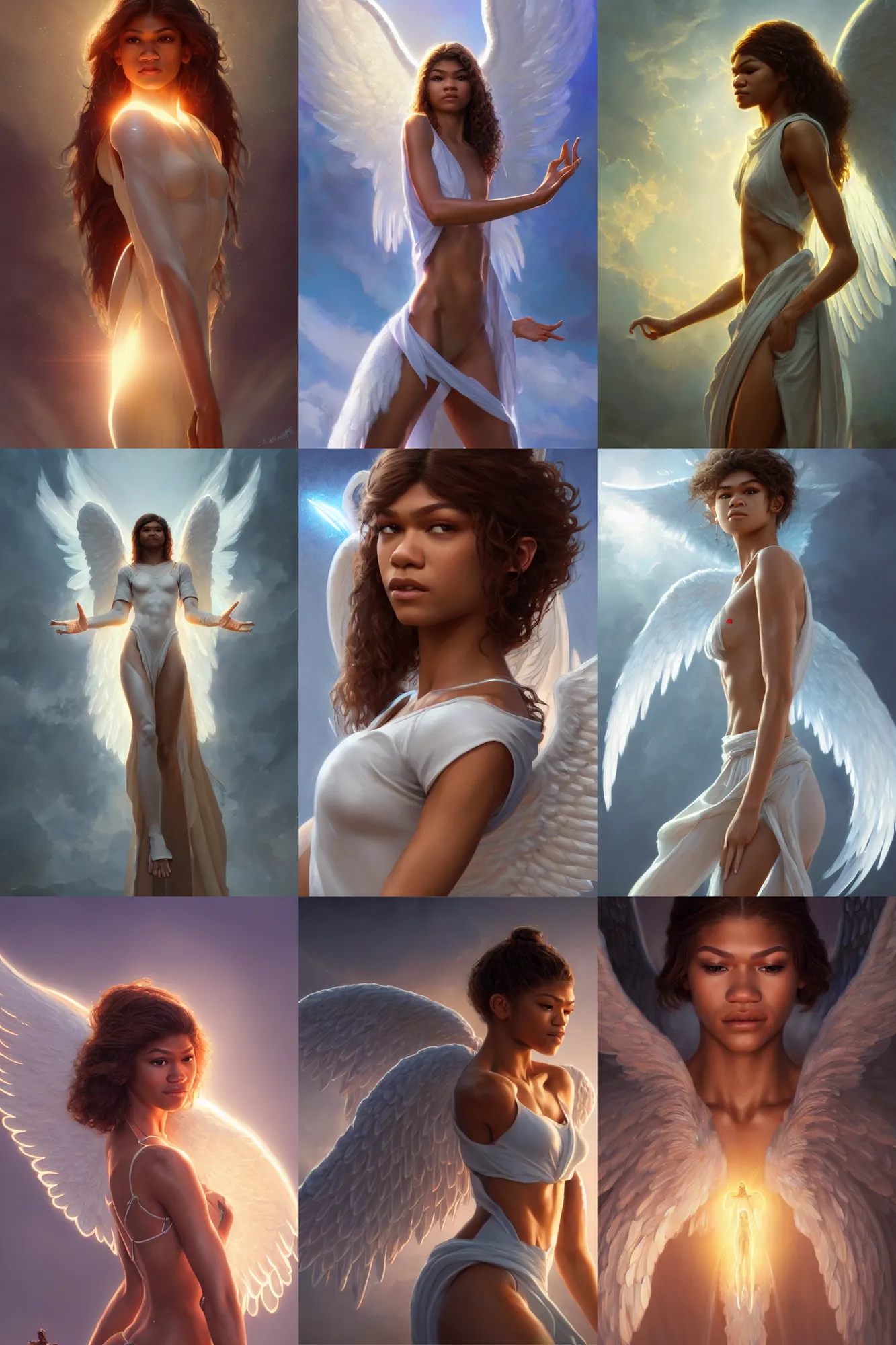Prompt: zendaya as a heavenly angel, anatomy, bathing in light, highly detailed, digital painting, artstation, concept art, smooth, sharp focus, illustration, unreal engine 5, 8 k, art by art by artgerm and greg rutkowski and edgar maxence