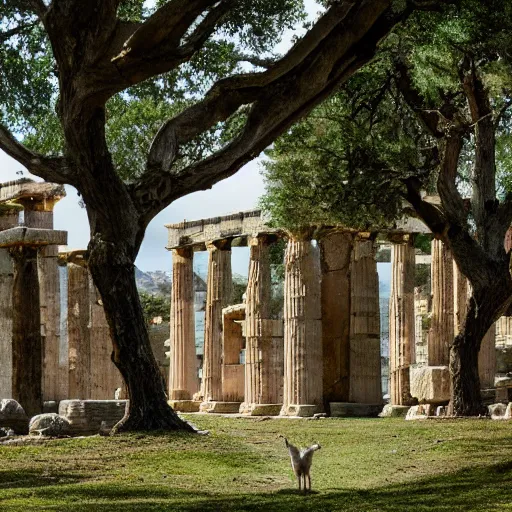 Prompt: long shot of an ancient greek temple and a white deer with horns made of intertwined branches and leaves walking inside the temple overrun by nature. 4k photo