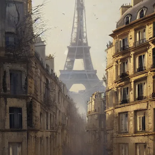 Image similar to large buildings in paris, by greg rutkowski, oil on canvas