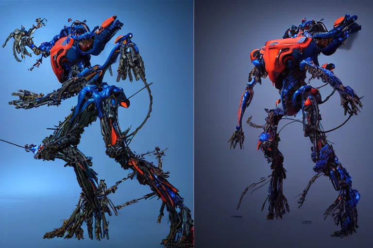 Image similar to portrait of a posed hyper detailed kaki and ultramarine leaplasher evangelion realistic mechanical and fleshy organic creature similar look as horizon forbidden west horizon zero dawn bioluminiscence in a dark deep forest at dawn in spring, with reflection and textures, by kilian eng, substance painter reaslitic mech surface metal painted scratches