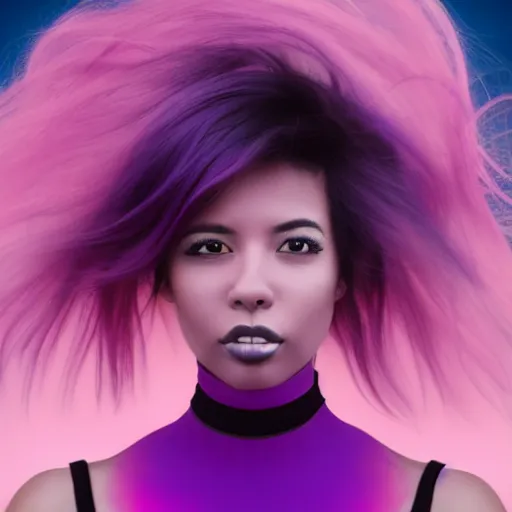 Image similar to a award winning action upper body portrait of a beautiful woman with a ombre purple pink hairstyle with head in motion and hair flying, choker, outrun, vaporware, vivid colors, highly detailed, fine detail, intricate