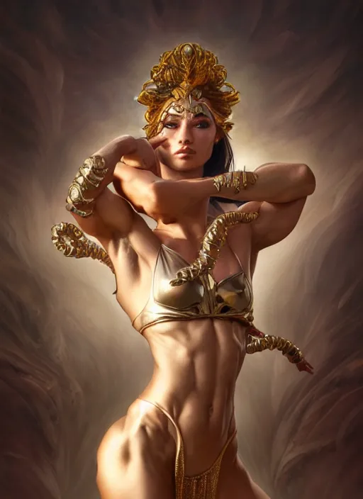 Prompt: muscular goddess dancer of the underworld, severe expression, crooked nose, shiny, intricate, elegant, highly detailed, ultra definition, digital painting, artstation, vray, concept art, smooth, high speed photography, illustration, art by artgerm and greg rutkowski and alphonse mucha and james jean