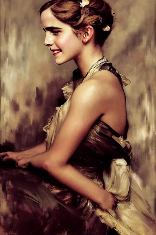 Image similar to emma watson smiling closed eyes detailed portrait painting by gaston bussiere craig mullins j. c. leyendecker photograph by richard avedon peter lindbergh