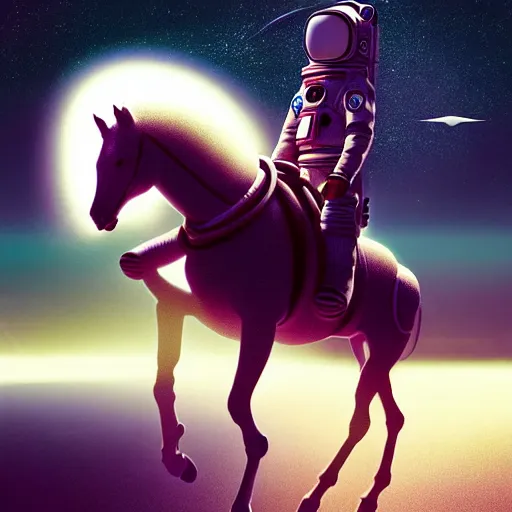 Image similar to hyperrealism aesthetic highly detailed photography of horse astronautback riding on a astronaut. from western by hiroyuki okiura and katsuhiro otomo and alejandro hodorovski style with many details by mike winkelmann and vincent di fate in sci - fi style. volumetric natural light hyperrealism photo on dsmc 3 system,