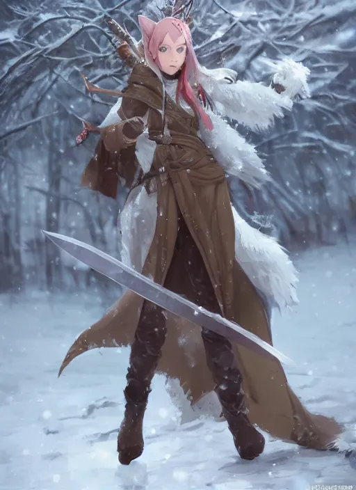 Image similar to a female elven hunter in winter, snowy background, snowy. Holding a hunting knife. Facing the camera, long shot. By Makoto Shinkai, Stanley Artgerm Lau, WLOP, Rossdraws, James Jean, Andrei Riabovitchev, Marc Simonetti, krenz cushart, Sakimichan, trending on ArtStation, digital art.