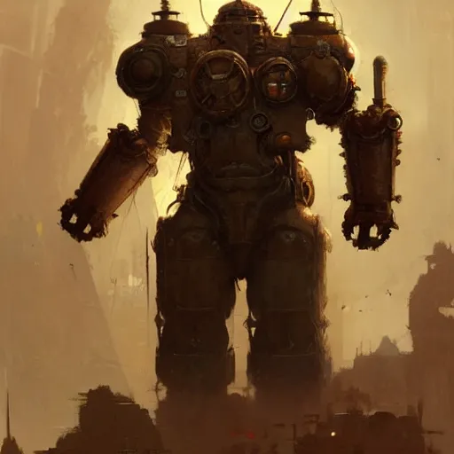 Image similar to concept art of a giant wearing steampunk power armor. illustration, gritty, roman, artgerm, by craig mullins, by gaston bussiere, by greg rutkowski, stylized, trending on artstation, intricate, digital painting, fantasy illustration
