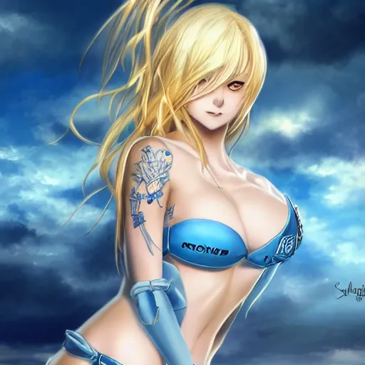 Prompt: full body shot : a very beautiful young blond anime girl imprisoned by golden chains, sky blue eyes,, tattoo, bikini, miniskirt, highly detailed, cinematic wallpaper by stanley artgerm lau