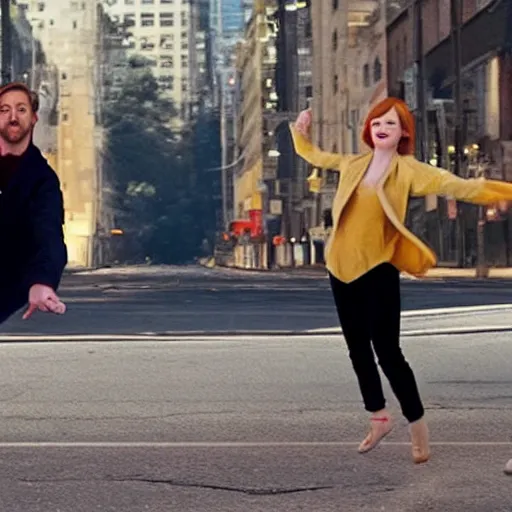 Prompt: Emma Stone and Ryan Gosling dance on an empty street 8k hdr