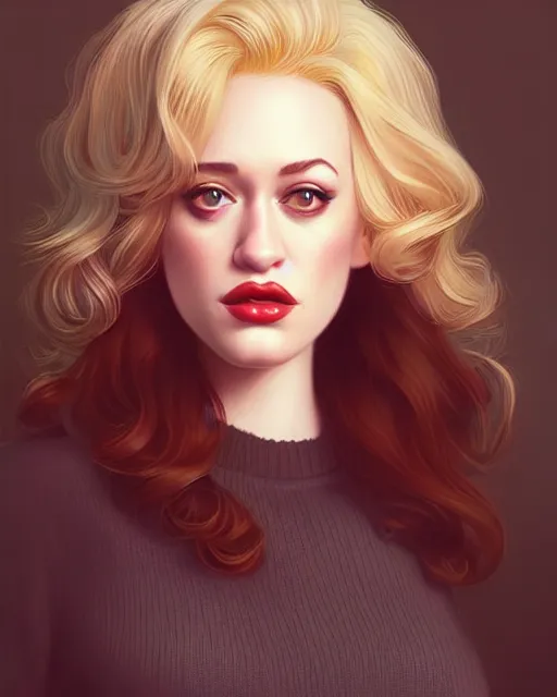 Image similar to andrea ivanova kat dennings christina hendricks dolly parton in wooly sweater, belt, plump lips, by wlop and ilya kuvshinov and artgerm,, gorgeous, stunning, alluring, artstation, deviantart, digital art