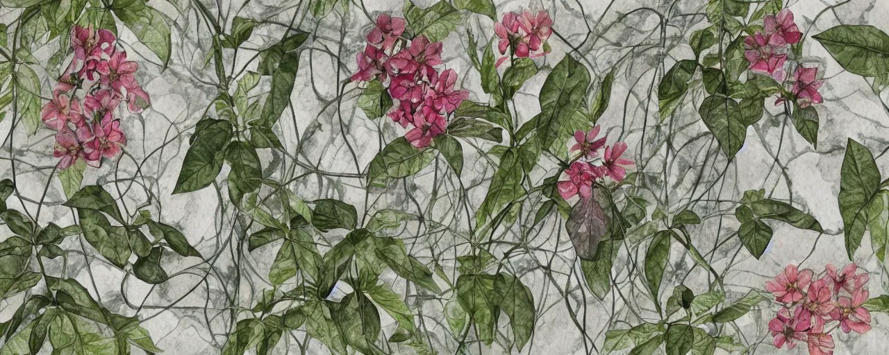 Image similar to isomeric view, delicate marble in a botanic garden, stony road, on a botanical herbarium paper, watercolor colored painting, iridescent colors, 8 k, realistic shaded, fine details, artstation, italian style, colonnade, vines, flowers, gardena architecture, pompeii