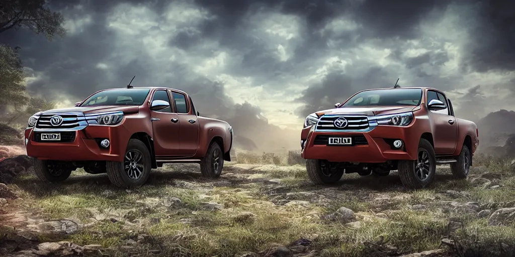 Image similar to toyota hilux, magical environment, unreal 5, hyperrealistic, realistic, photorealistic, dynamic lighting, highly detailed, cinematic landscape, studio landscape, studio lighting