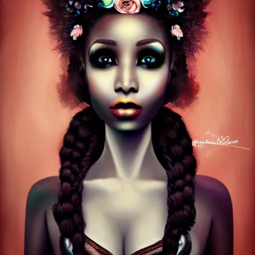 Image similar to portrait of a black woman inspired by Natalie Shau, Anna dittmann,flower crown, pretty eye makeup, cinematic