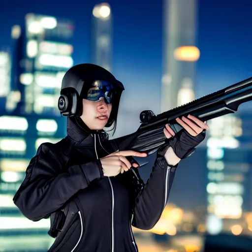 Prompt: photographic portrait of a techwear woman holding a shotgun, closeup, on the rooftop of a futuristic city at night, sigma 85mm f/1.4, 4k, depth of field, high resolution, 4k, 8k, hd, full color