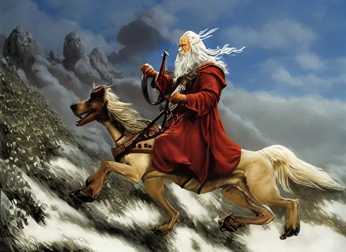 Image similar to Highly detailed oil painting of Gandalf the White riding a dachshund, intricate artwork by Angus McBride, John Howe, Matthew Stewart, Ted Nasmith, heroic fantasy