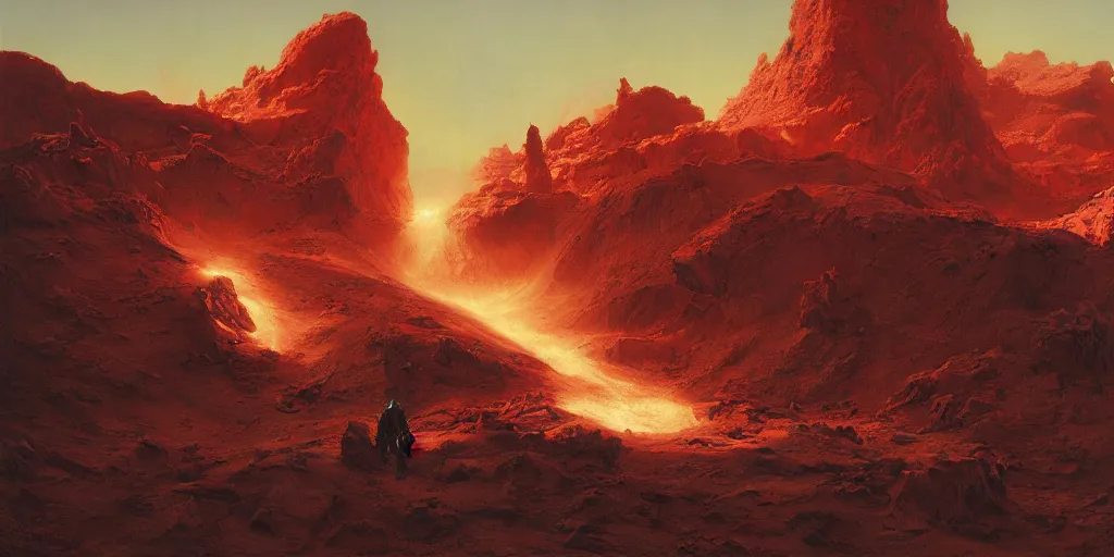 Image similar to supernova, red mountains on mars, sandfalls, ruins, painted by ruan jia, raymond swanland, lawrence alma tadema, zdzislaw beksinski, norman rockwell, jack kirby, tom lovell, alex malveda, greg staples