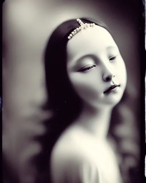 Image similar to [ [ [ [ tintype ] ] ] ] black and white dreamy young beautiful veiled female artificial intelligence, realistic pearl ornament in the face, long hair are intricate with highly detailed realistic pearls, cinematic, rim light, bokeh, photo - realistic, elegant, high detail, 8 k, masterpiece, photo taken in 1 9 3 0