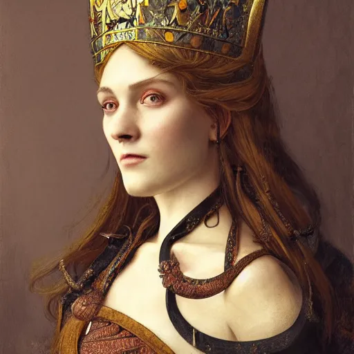 Image similar to a highly detailed portrait of a medieval icelandic princess, beautiful detail and color, art by john collier and albert aublet and krenz cushart and artem demura and alphonse mucha, volumetric lighting, octane render, 4 k resolution, matte, sharp focus, illustration, art by jacque - louis david, baroque style