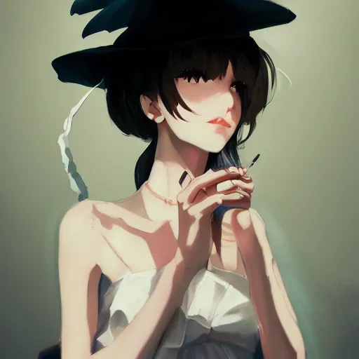 Prompt: woman in a dress smoking a cigarette by krenz cushart, wlop, dark room, white smoke, chromatic aberration, white smoke, trending on ArtStation Pixiv