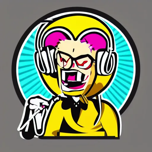 Image similar to svg vector sticker of absolutely insane-mad-scientist-villain, rocking out, wearing headphones, huge speakers, dancing, rave, DJ, spinning records, digital art, amazing composition, rule-of-thirds, award-winning, trending on artstation, featured on deviantart