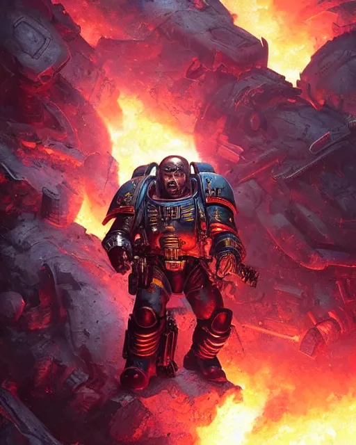 Image similar to space marine surrounded by explosions and burning buildings, sharp focus, hyper detailed, dark fantasy, warhammer 4 0 k, digital painting, by by artgerm and greg rutkowski and magali villeneuve