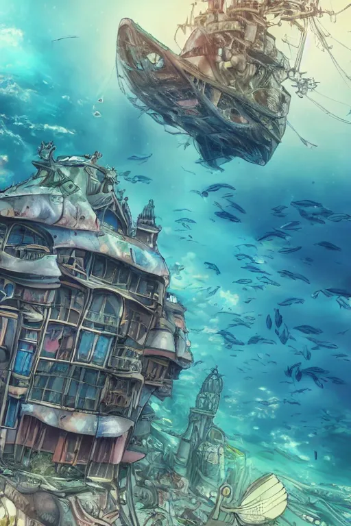 Prompt: a beautiful picture of a city under the sea ， fish shuttle, anime, detailed, 8 k