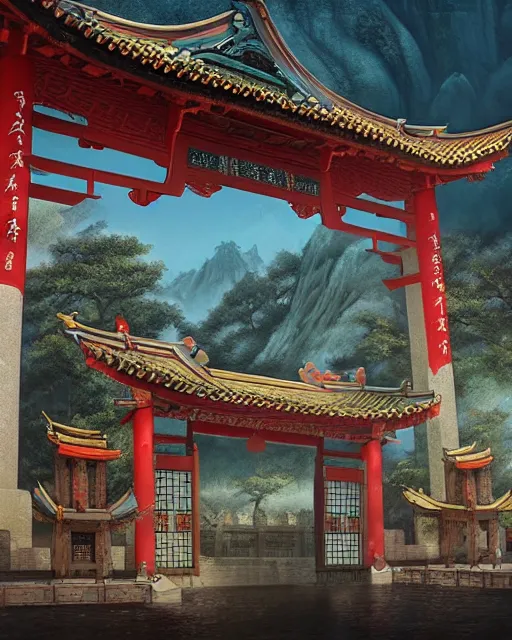 Image similar to tang dynasty shinto gate at the top of dragon mountain by peter mohrbacher and dan mumford and nekro, cgsociety, volumetric light, 3 d render