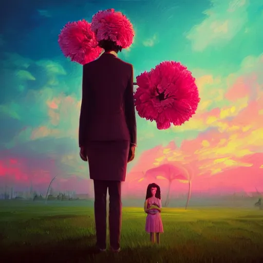 Image similar to giant carnation flower head, girl in suit, surreal photography, sunrise, dramatic light, impressionist painting, digital painting, artstation, simon stalenhag