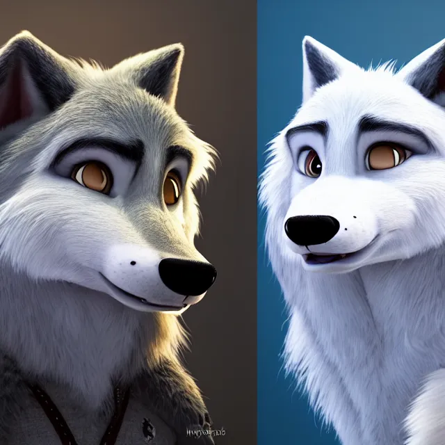 Image similar to portrait headshot of a cute male white wolf in the style of zootopia. volumetric lighting, subsurface scattering, hyperrealistic, octane render, hyperdetailed