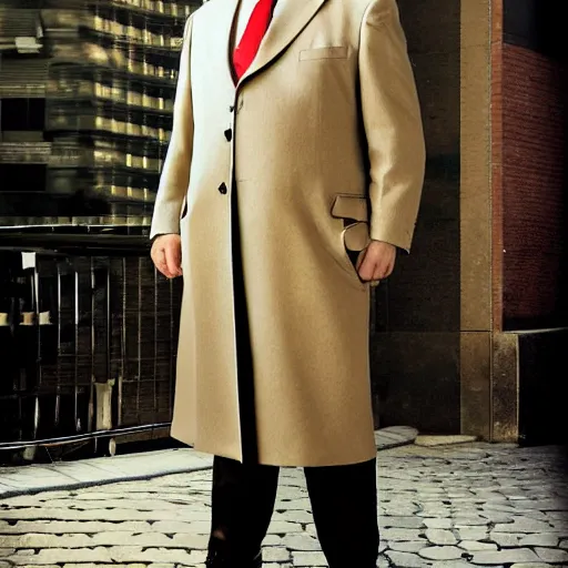 Image similar to full length shot : : clean - shaven smiling white chubby italian american man in his 4 0 s wearing a long brown overcoat and necktie and black shoes shoes shoes holding a burger burger burger, 2 0 0 6 advertising promo shot