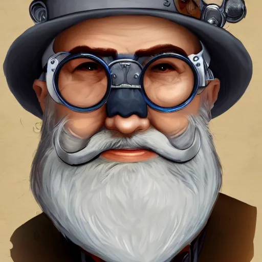 Image similar to a front-facing portrait of an old man with a grey beard and blue hair wearing steampunk goggles, dungeons and dragons character art, highly-detailed illustration, Artstation