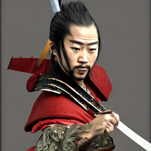 Prompt: fantasy style samurai, in a photorealistic style, doing a sparing pose, dynamic lighting, 8k, art station, devian art