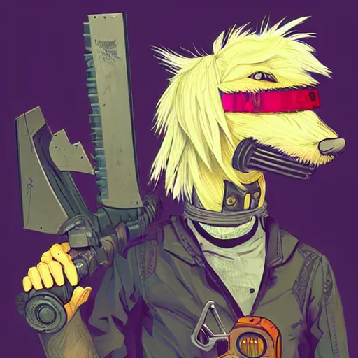 Image similar to a portrait of an anthropomorphic cyberpunk blond terrier! holding a chainsaw, fantasy, elegant, digital painting, artstation, concept art, matte, sharp focus, illustration, art by josan gonzalez