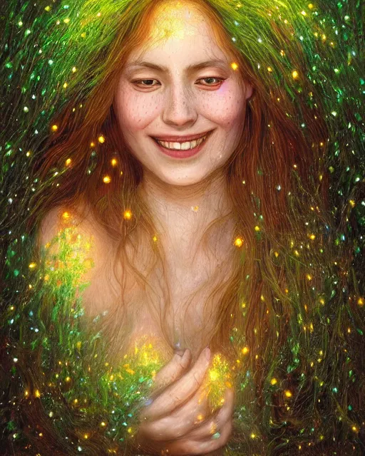 Image similar to a young woman, smiling, amazed by the lights of golden fireflies, sitting in the midst of nature fully covered, long loose red hair, intricate linework, dreamy green eyes, small nose with freckles, oval shape face, realistic, expressive emotions, dramatic lights, spiritual scene, hyper realistic ultrafine digital art by james jean and albert bierstadt and artgerm