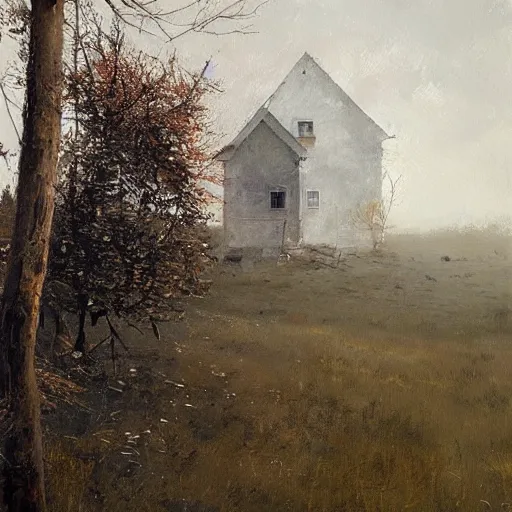 Image similar to painting by jakub rozalski of a house hanging on trees