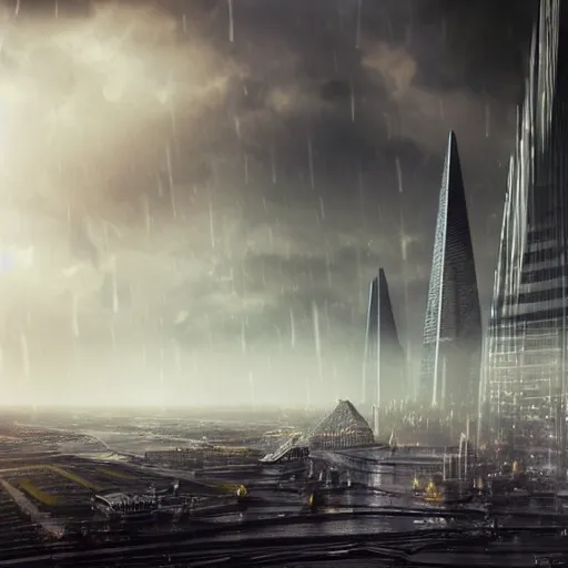 Prompt: futuristic pyramids, cyber city, dark ambient, storm, rain, hyper realistic, skylines, skyscrapers, flying cars, night, buildings, city lights, constructions, mist