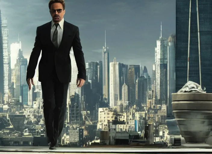 Image similar to film still of Robert Downey Jr as Cobb with the world bending in the background in Inception, 4k