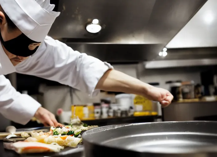 Image similar to a 2 8 mm macro photo from the back of a sushi chef preparing sushi in a commercial kitchen, splash art, movie still, bokeh, canon 5 0 mm, cinematic lighting, dramatic, film, photography, golden hour, depth of field, award - winning, anamorphic lens flare, 8 k, hyper detailed, 3 5 mm film grain