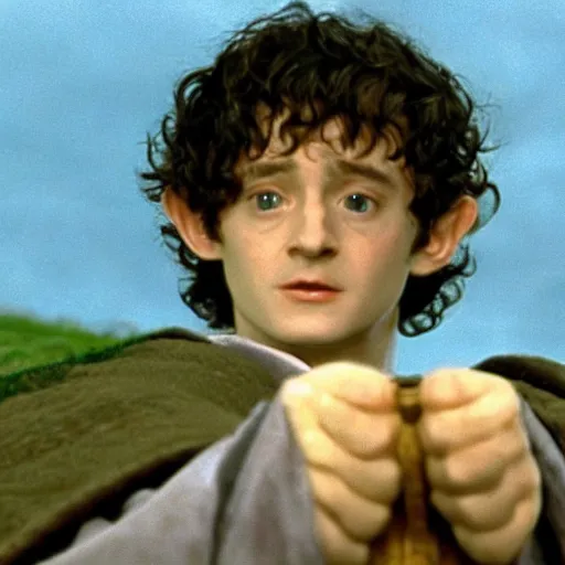 Image similar to still of frodo baggins looking up wearing the sorting hat, in harry potter and the philosopher's stone ( 2 0 0 1 )