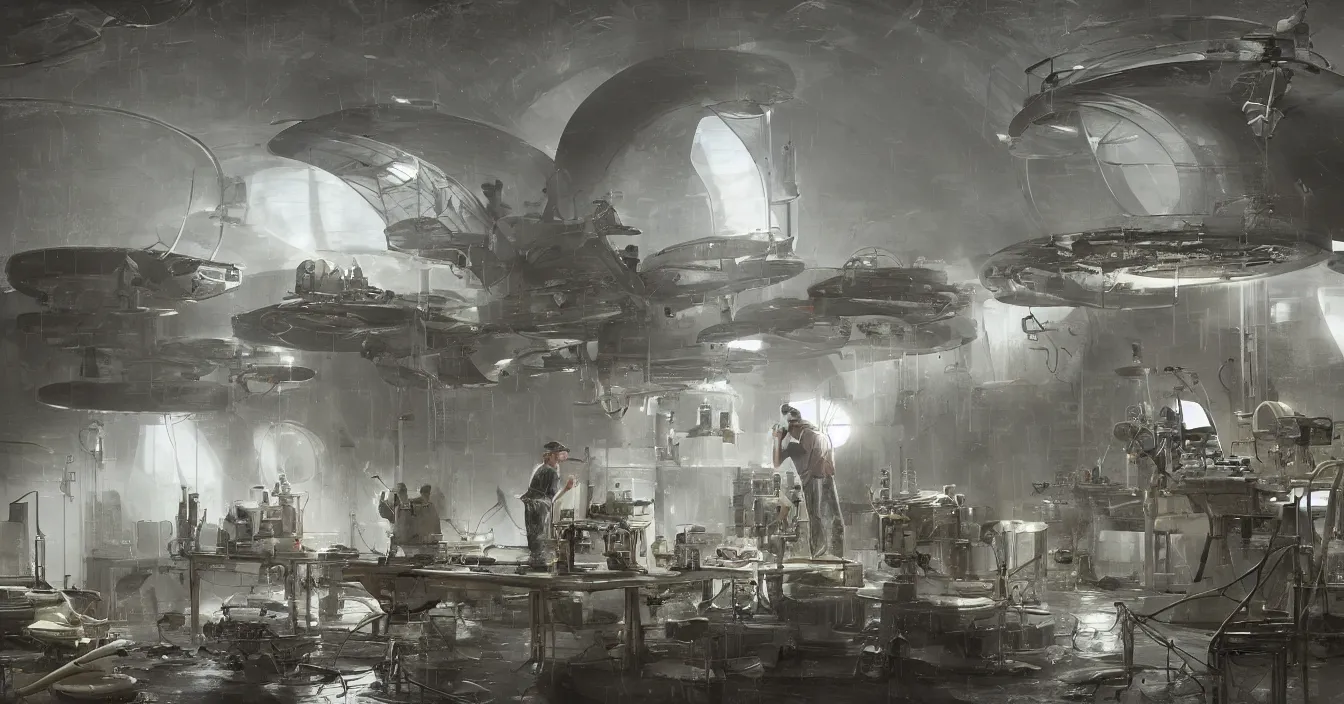 Image similar to engineer repairs ancient flying saucer full of modern military equipment, in the laboratory full of tools and machines, high detail, volume raytracing fog, wet reflective ground, by james paick, by ilm, by digital domain, by weta digital