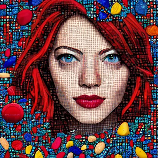 Prompt: greek mosaic made of colorful pebbles depicting emma stone, significant boundaries of the pebbles, vibrant and matching colors, red hair, lovely and symmetrical face, most beautiful and colorful mosaic in the history, character design by akihiko yoshida